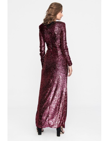 Long burgundy maxi dress with sequins, cross neckline and side slit.