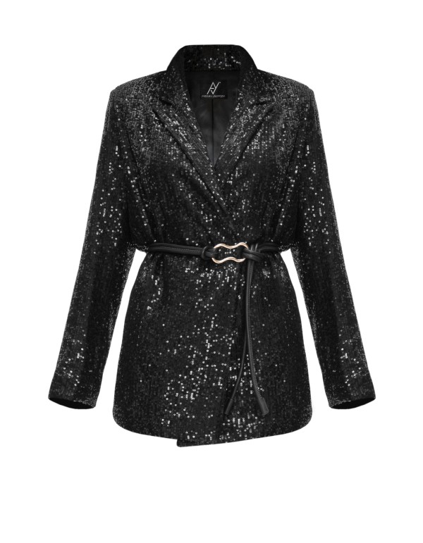 Blazer de fête noir avec des sequins et une Ceinture
