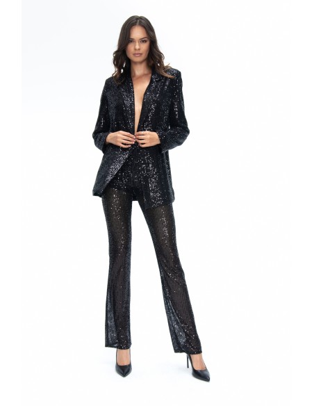 Blazer negra de fiesta cruzada con lentejuelas y cinturón