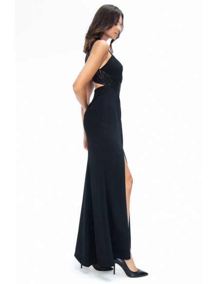 long black crepe crepe dress with halter neckline and butterfly back