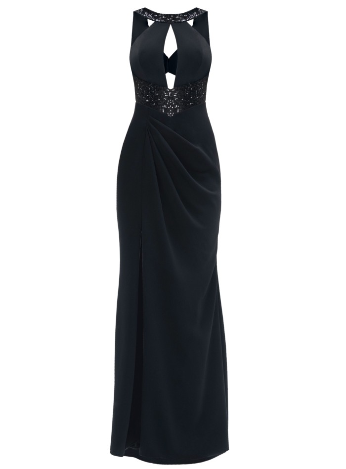 long black crepe crepe dress with halter...