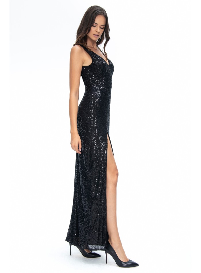 Robe noire moulante à sequins avec fente au...