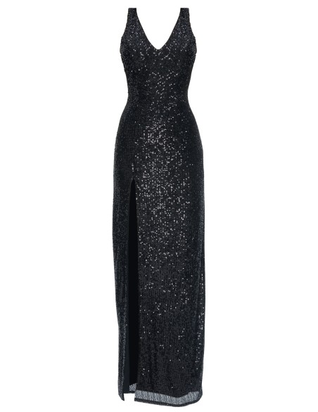 Black sequin slim fit dress with leg slit, V-neckline and open back.