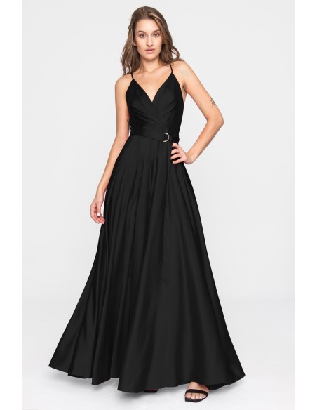 Long satin party dress with V-neckline and flounce