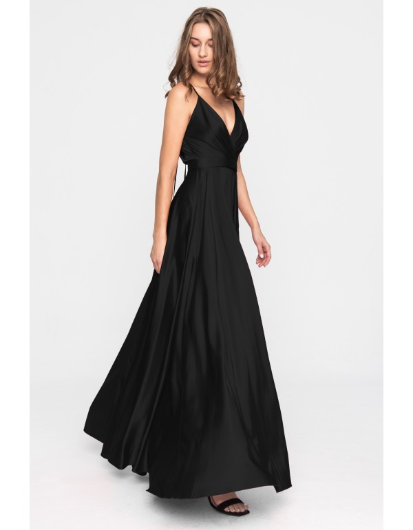 Robe longue de fête en satin avec décolleté en V et volant 2