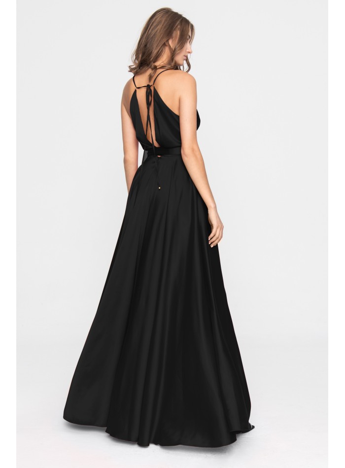 Long satin party dress with V-neckline and flounce