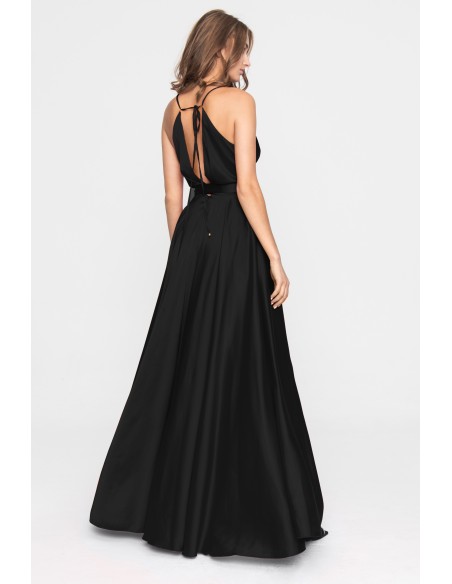 Long satin party dress with V-neckline and flounce