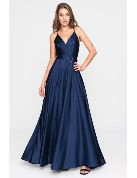 Long satin party dress with crossover neckline and belt