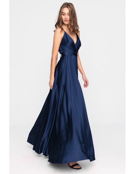 Robe longue de fête en satin avec encolure croisée et Ceintures