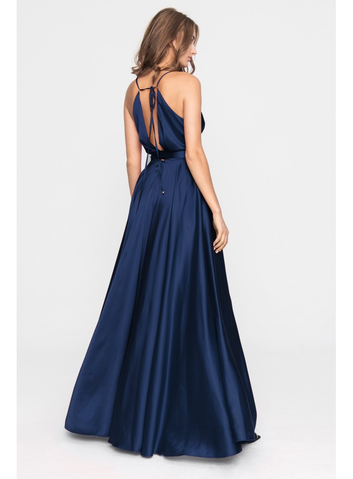 Long satin party dress with crossover neckline...