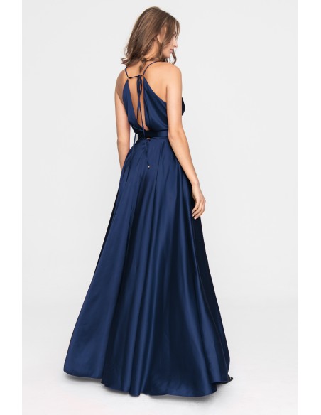 Long satin party dress with crossover neckline and belt
