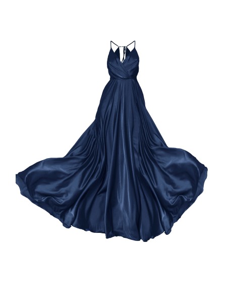 Long satin party dress with crossover neckline and belt