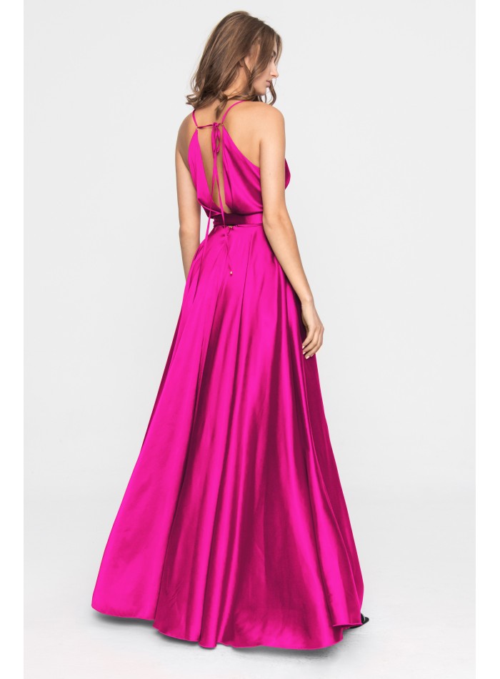 Robe longue de fête en satin fuchsia avec volant