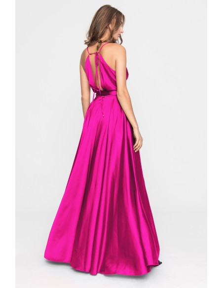 Fuchsia satin long party dress with flared skirt