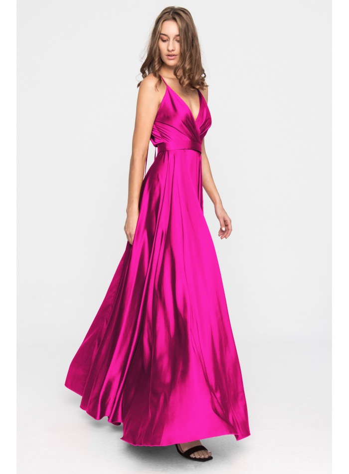 Robe longue de fête en satin fuchsia avec volant