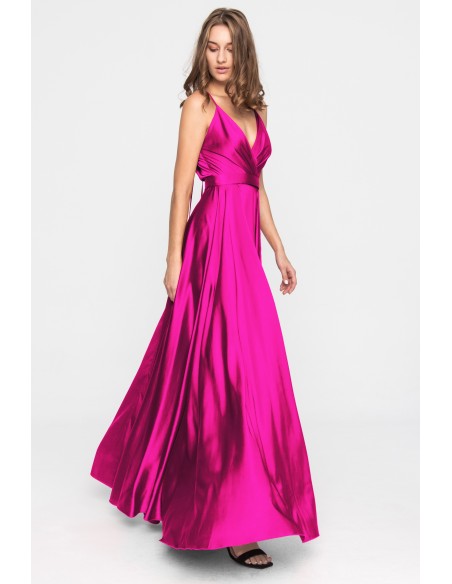 Fuchsia satin long party dress with flared skirt