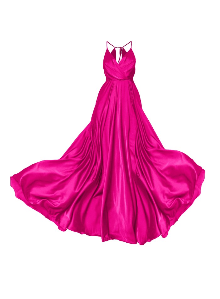 Robe longue de fête en satin fuchsia avec volant