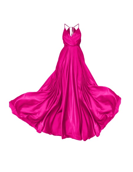 Vestido de fiesta largo fucsia satinado con vuelo