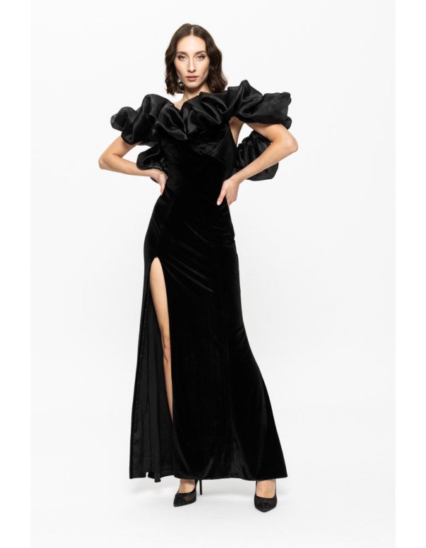 Black long party dress with volume and slit 2