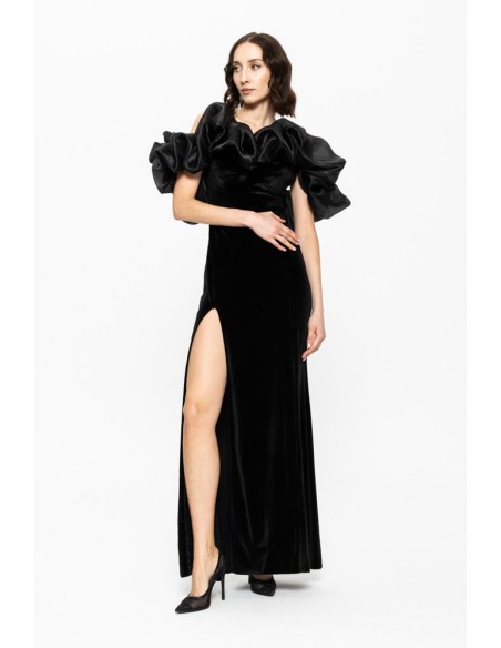Robe longue de soirée noire avec volume et fente