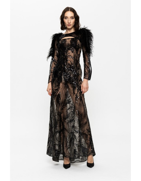 Robe longue de soirée avec broderie de sequins et détails...