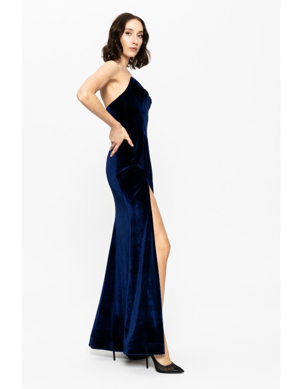 Longue robe de bal en velours bleu marine avec encolure... 2