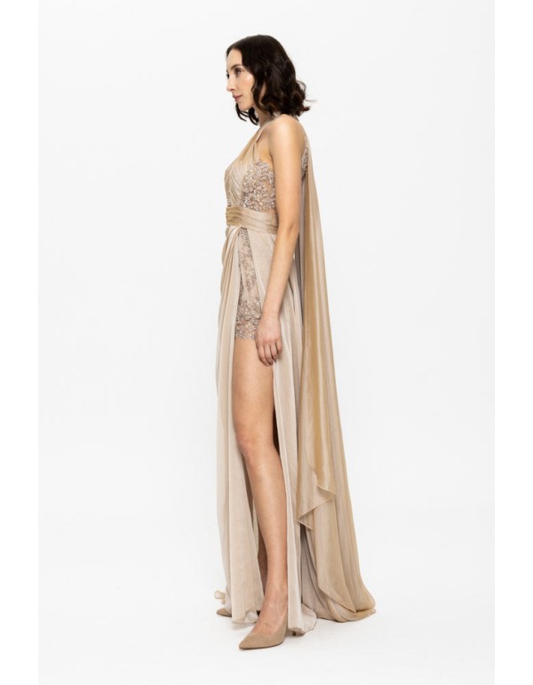Beige long gala dress with halter neckline and front slit 2