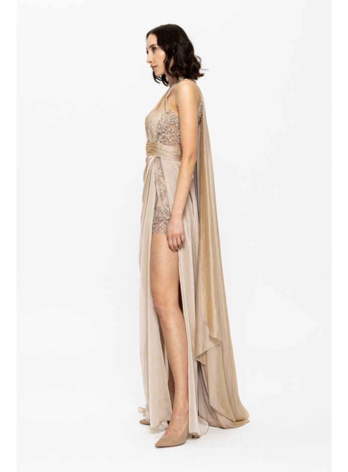 Beige long gala dress with halter neckline and...