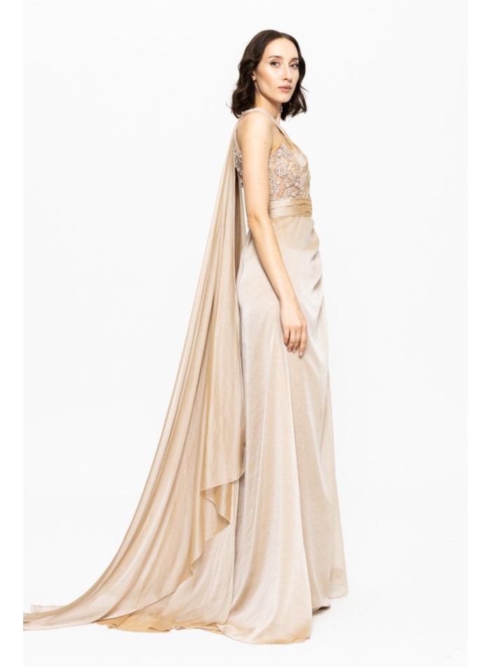 Beige long gala dress with halter neckline and...