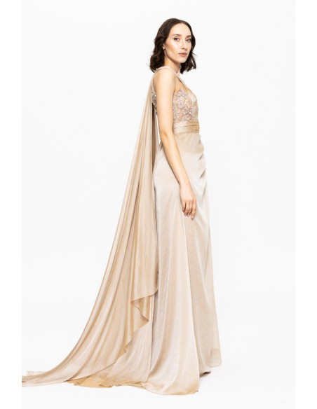 Beige long gala dress with halter neckline and front slit