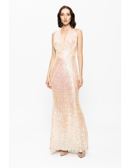 gold champagne colored sequinned fit and flare dress