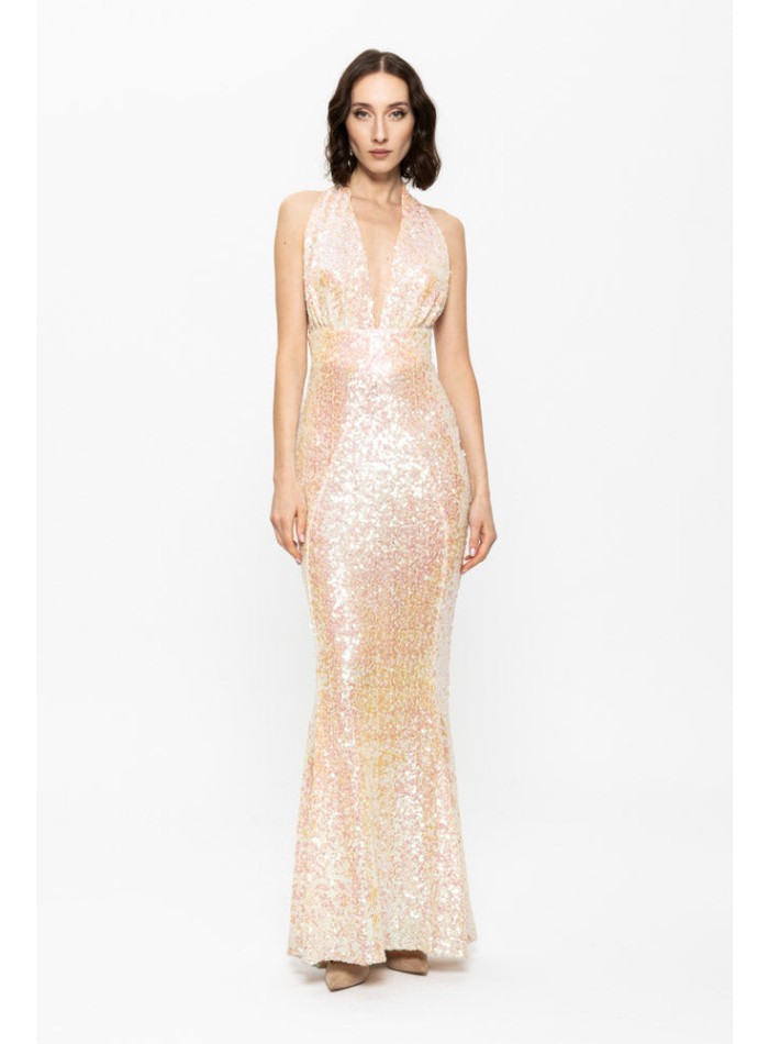 gold champagne colored sequinned fit and flare...