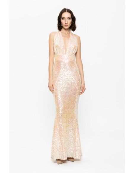 Vestido largo de gala ajustado de lentejuelas en color champán dorado