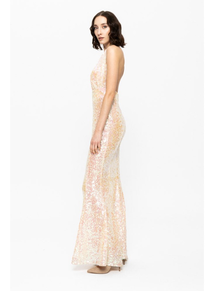 gold champagne colored sequinned fit and flare...