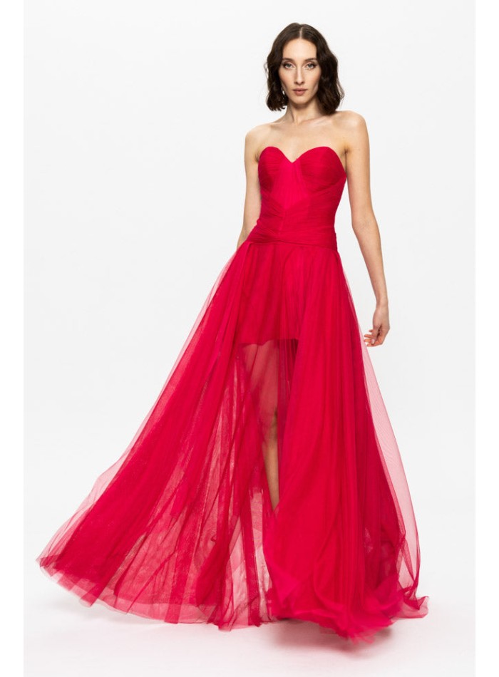 Robe de bal rouge avec encolure cache-coeur et...