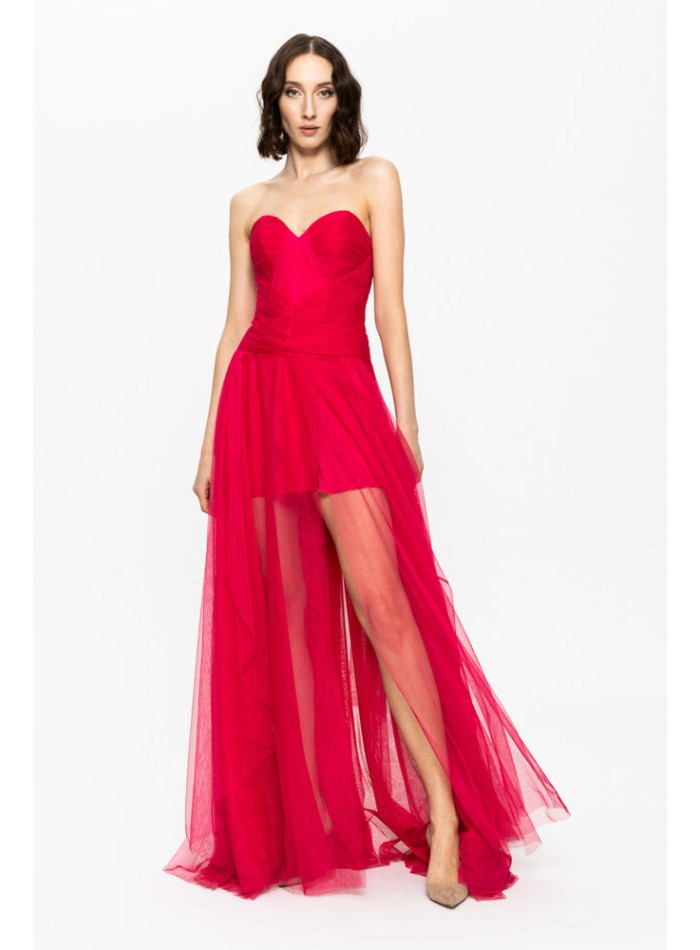 Robe de bal rouge avec encolure cache-coeur et...