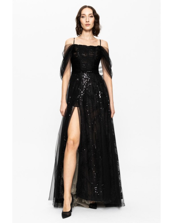 Robe longue de soirée noire avec sequins brodés et corset
