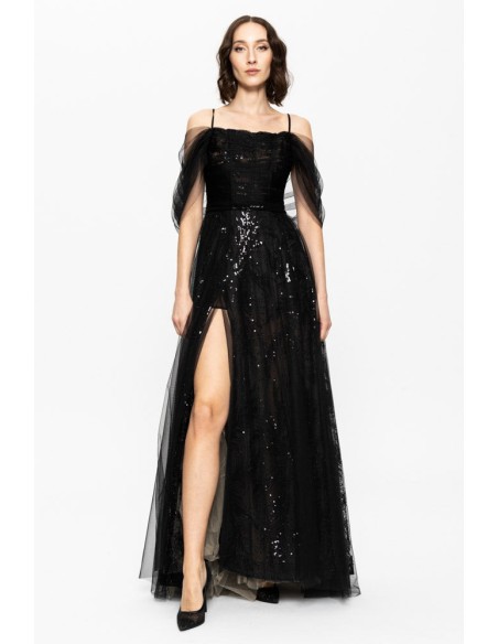 Robe longue de soirée noire avec sequins brodés et corset
