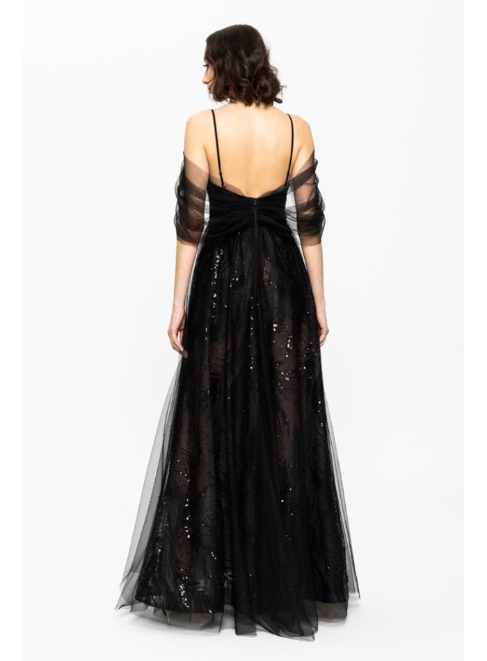 Robe longue de soirée noire avec sequins brodés...