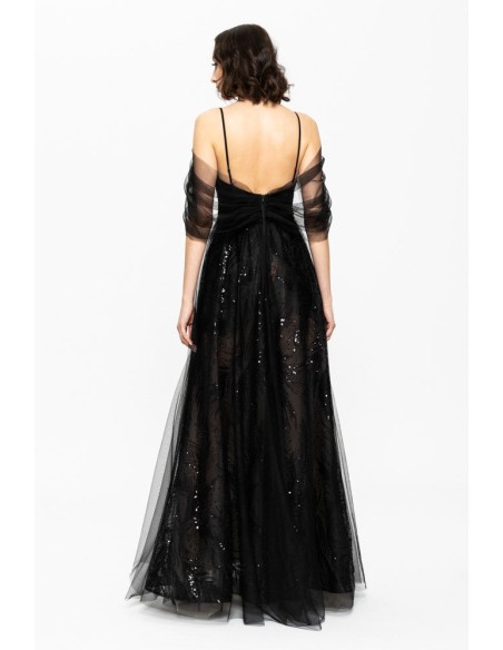 Robe longue de soirée noire avec sequins brodés et corset