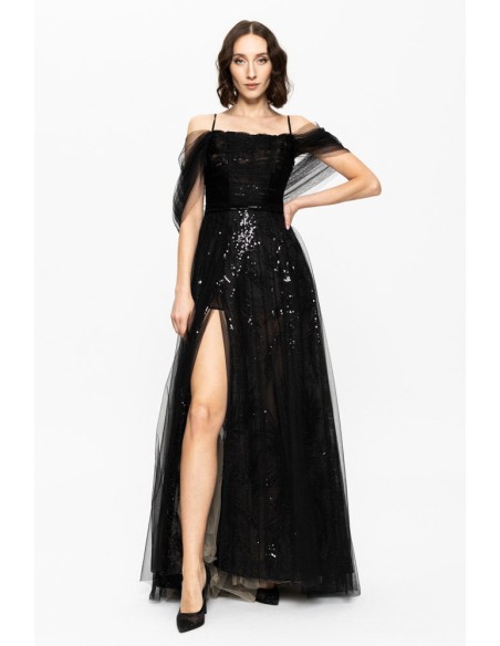 Long black evening gown with embroidered sequins and corset