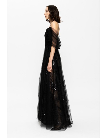 Long black evening gown with embroidered sequins and corset
