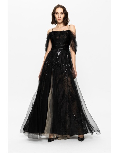 Long black evening gown with embroidered sequins and corset