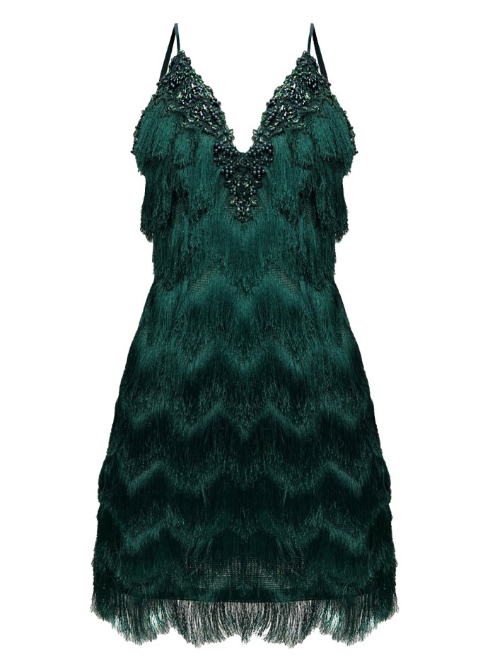 Green cocktail dress with embroidered lace and...