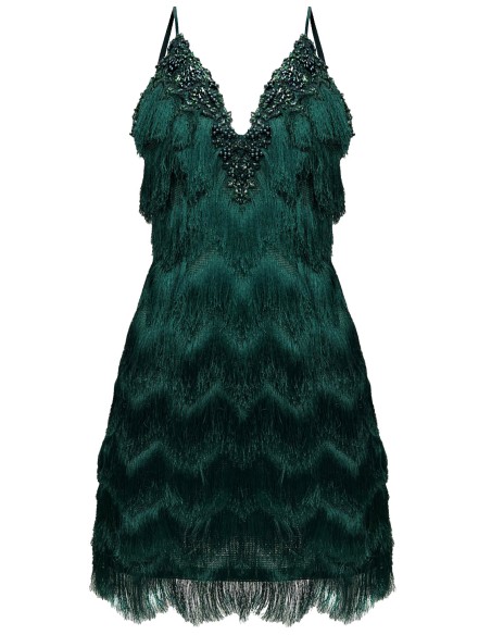 Green cocktail dress with embroidered lace and sequins