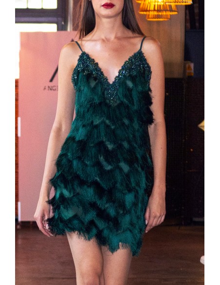 Vestido verde de cóctel con encaje bordado y lentejuelas