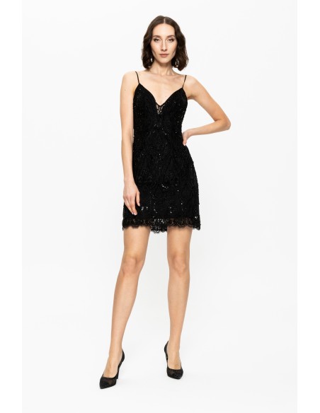 Black short party dress with rhinestones and thin straps