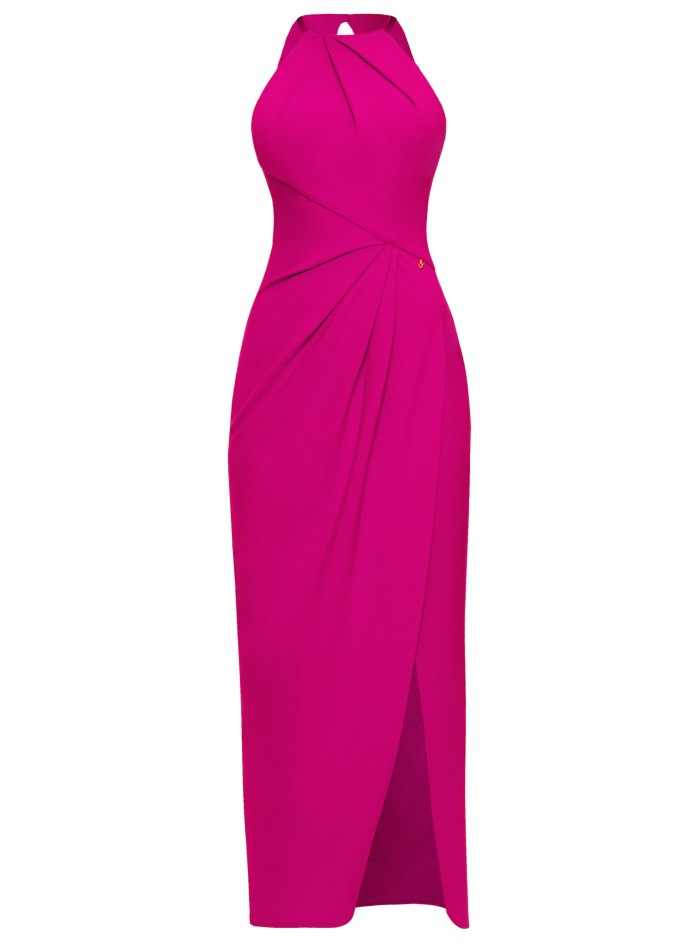 Robe midi fuchsia avec col licou et drapé sur...