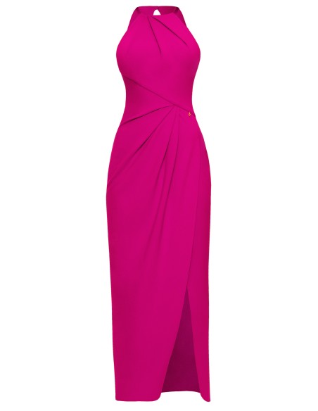 fuchsia halter neck midi dress