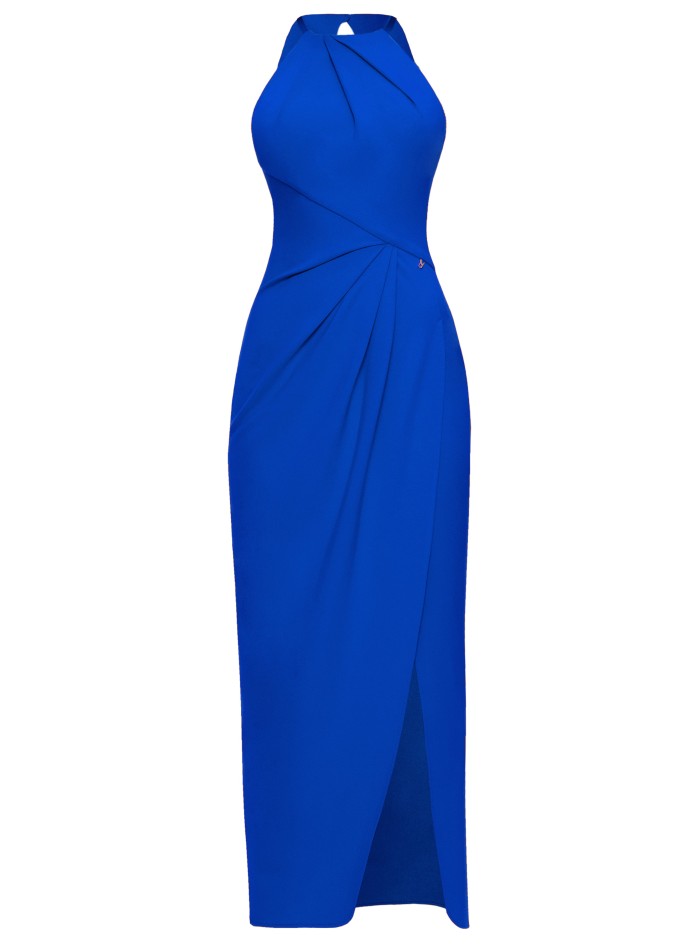 Vestido midi azul eléctrico con cuello halter y...
